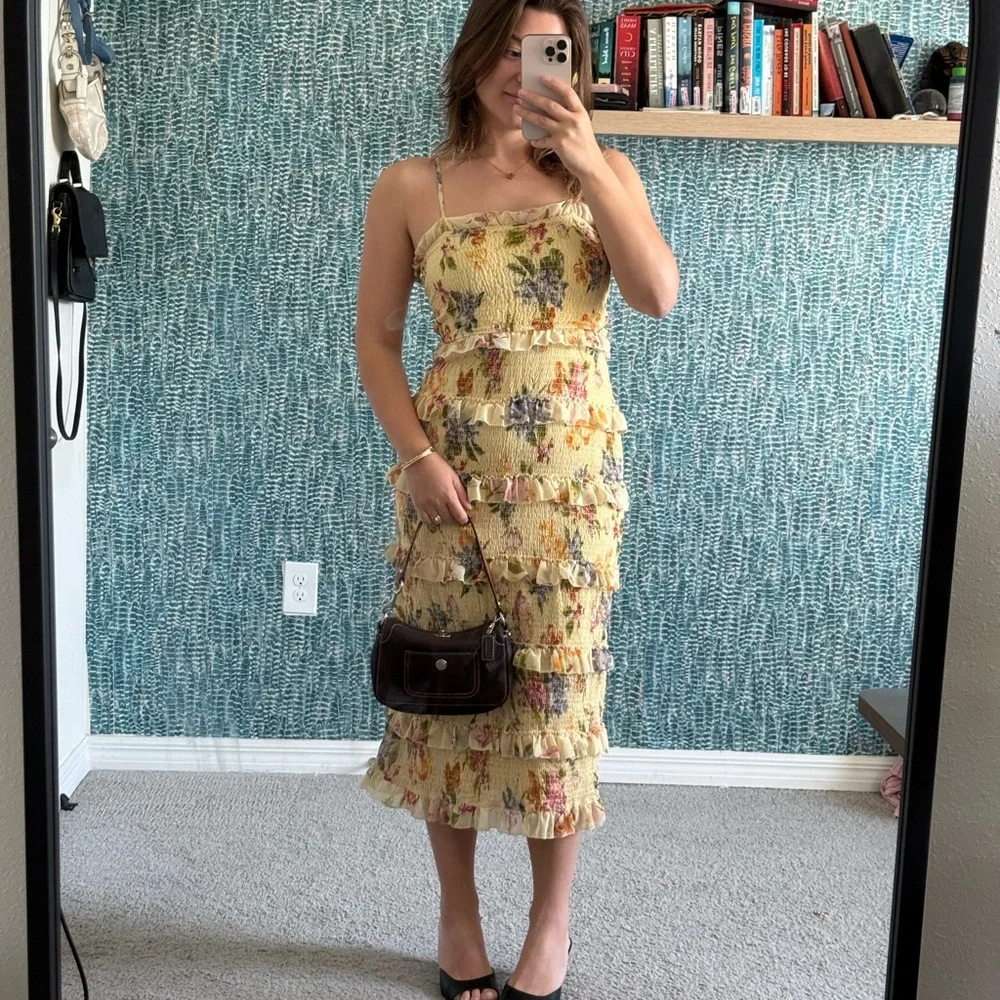 Let me Be Anthropologie Yellow Floral Ruffled Midi Dress - Picture 4 of 6